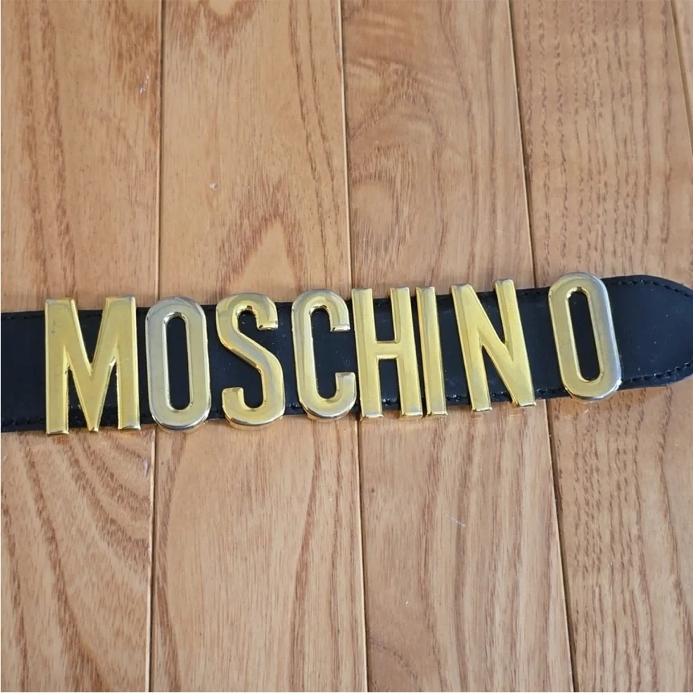Moschino Black Leather Belt with Gold Logo Buckle